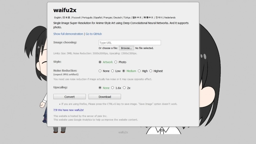 WAIFU2X Cambiador de tamaño de imagen, duplica el tamaño de tus imágenes sin pixelización, sin borrosidad, especializado para estilos anime y manga.